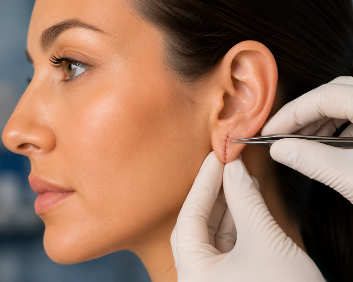 Surgeon consulting a patient about Split Earlobe Repair